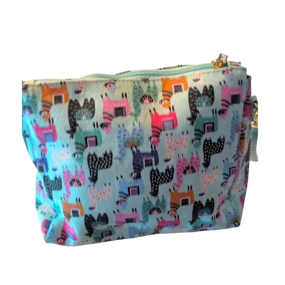 No Drama Llama Canvas Wristlet Light Teal Llama Print Dual Zipper Pouch